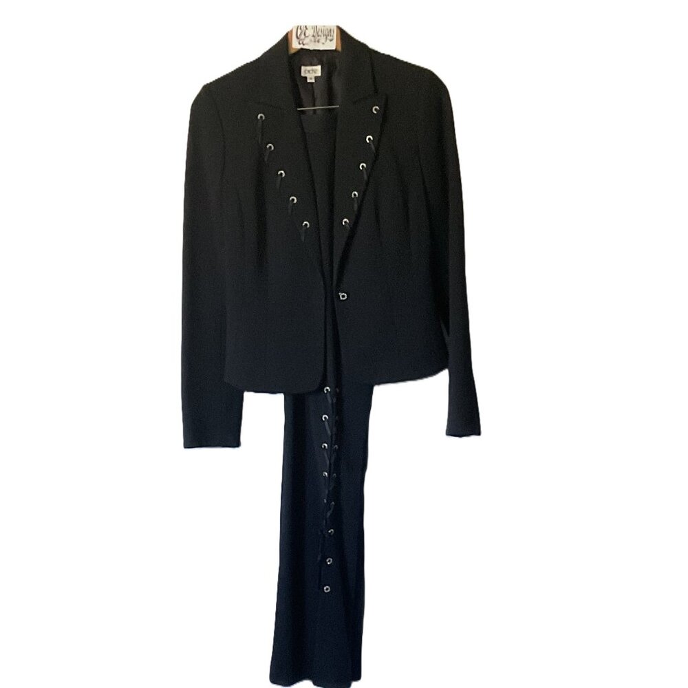 Vintage Cache Black pant suit with rhinestone grommet collar and lace up pants